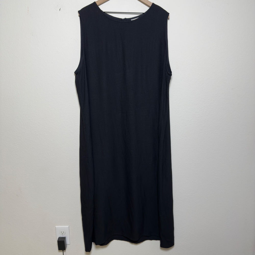 Eileen Fisher Womens Dress 2X Black Sleeveless Textured Rayon Midi Shift Lagen